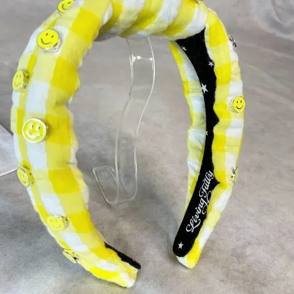 Living Fully Headband Yellow Gingham Knotted Allover Smiley Face w/ Dust Bag OS - Picture 7 of 11